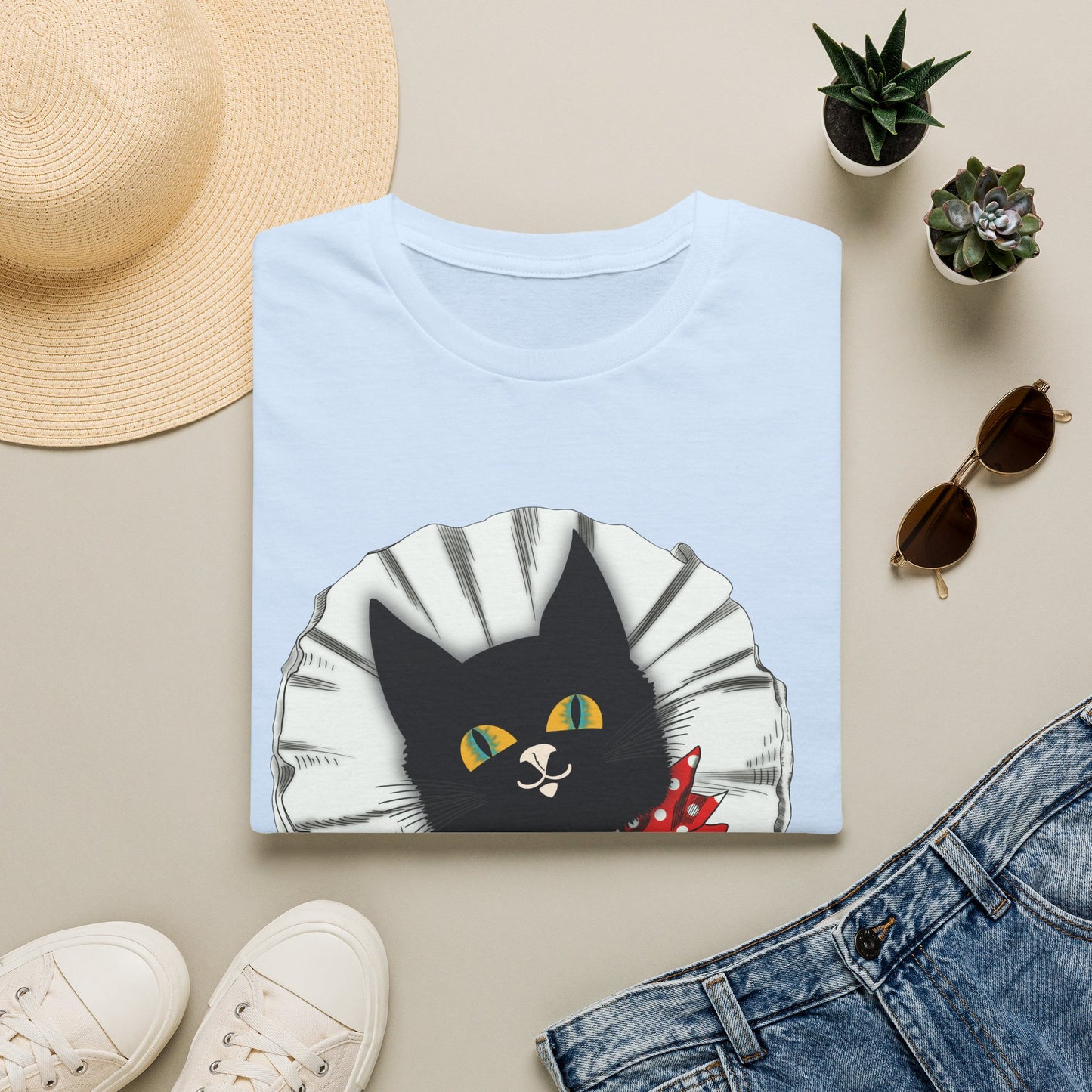 Black Cat Clown Portrait T‑Shirt — Cute Cat Face with Red Bow Graphic Tee