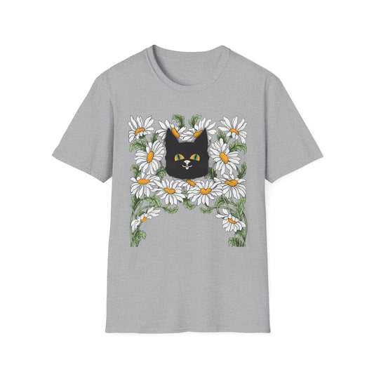 Black Cat & Daisies T‑Shirt — Cute Floral Cat Tee for Cat Lovers