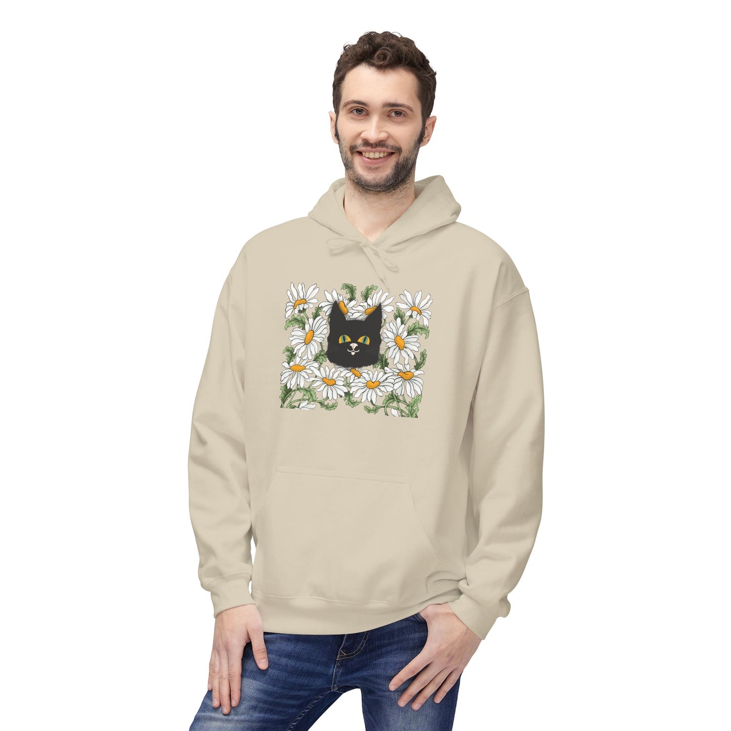 Black Cat in Daisies Hoodie – Floral Cat Graphic Pullover