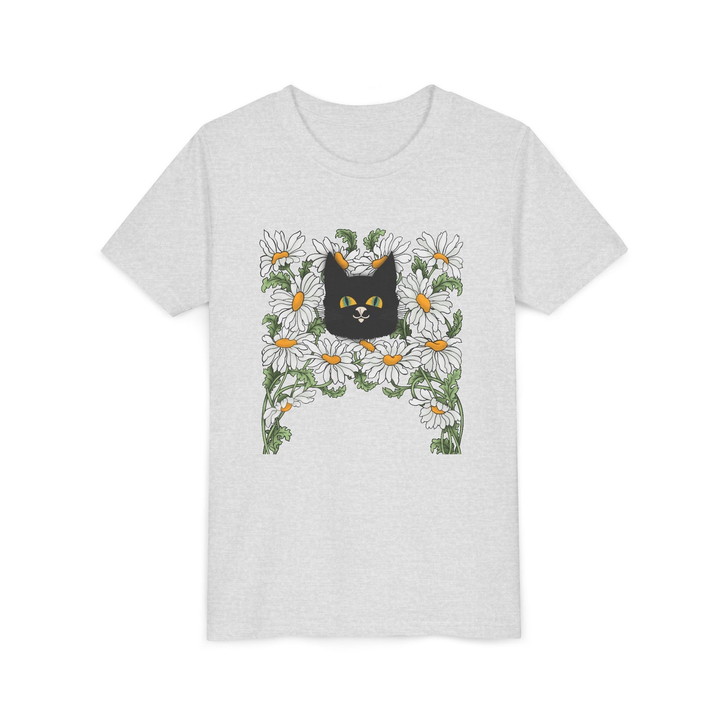 Daisies floral Youth Tee — Black Cat in Daisy Wreath Graphic