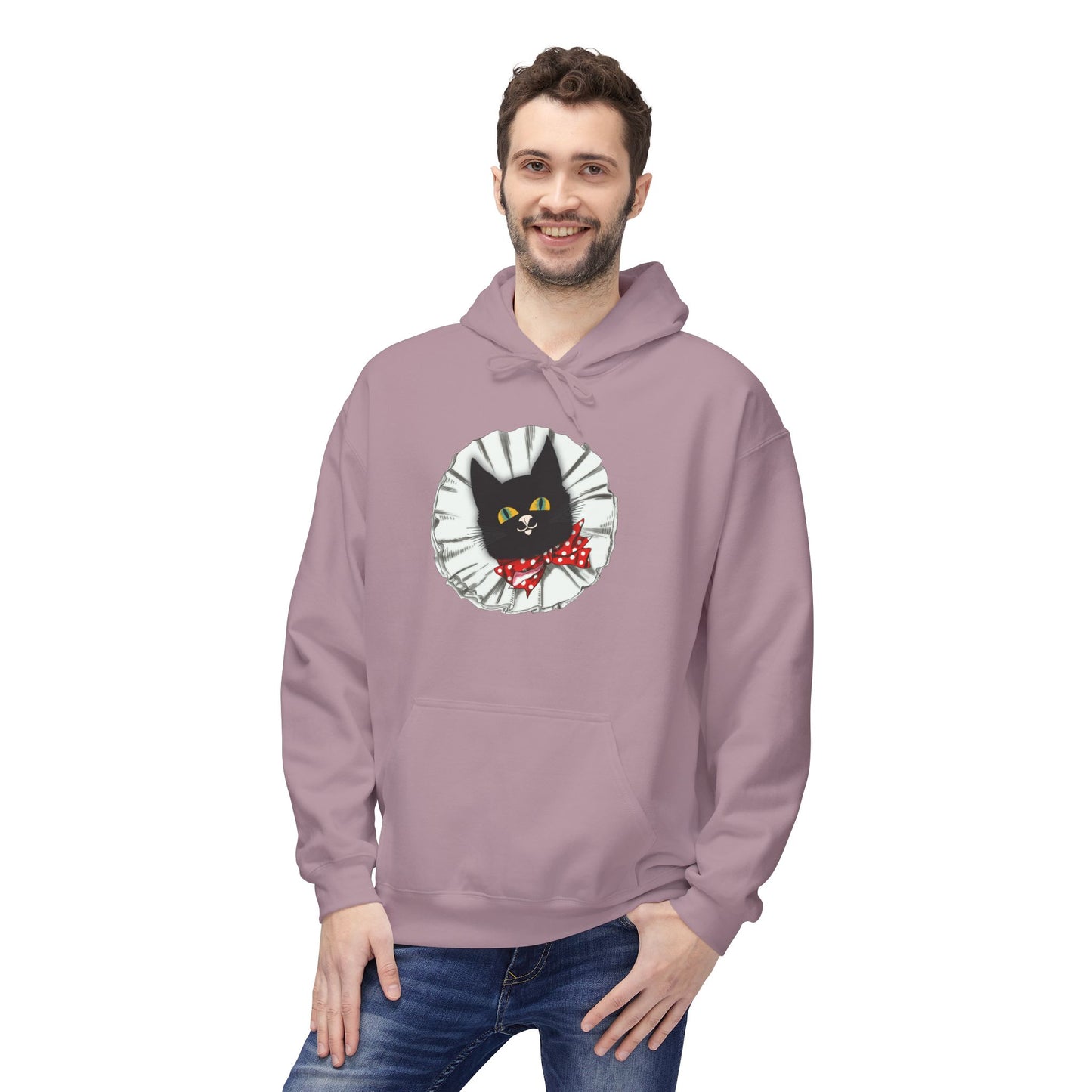 Black Cat Clown Hoodie — Cute Black Cat with Red Bow Music Lover Pullover
