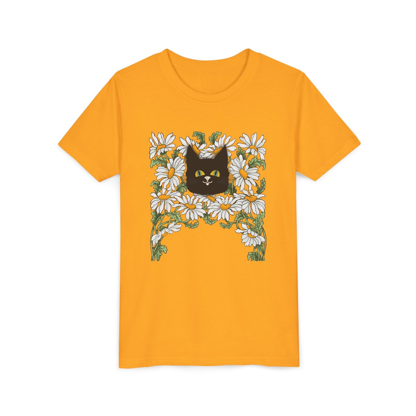 Daisies floral Youth Tee — Black Cat in Daisy Wreath Graphic