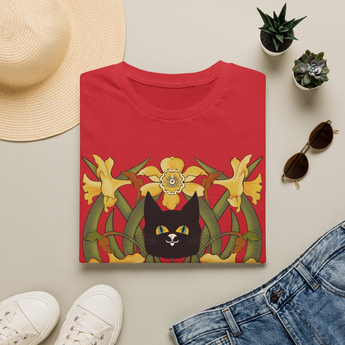 Daffodil Black Cat T‑Shirt — Retro Floral Cat Tee