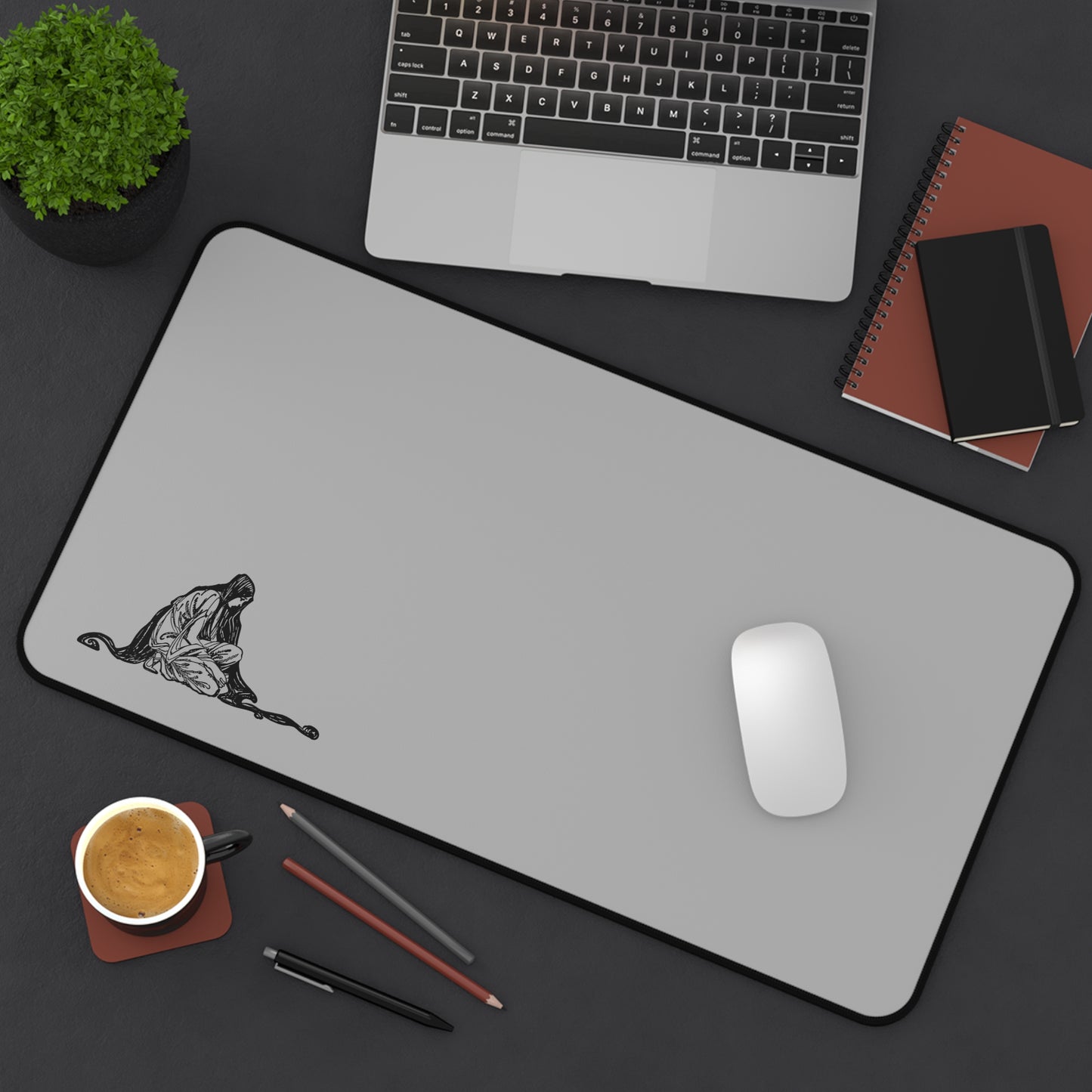 Elegant Grey Desk Mat with Artistic Illustration