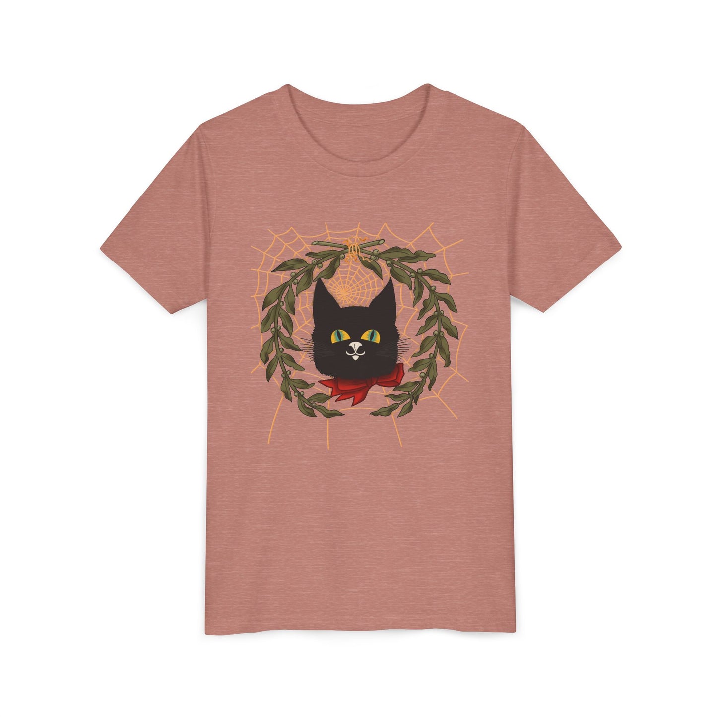 Youth Tee — Black Cat Wreath Holiday Shirt
