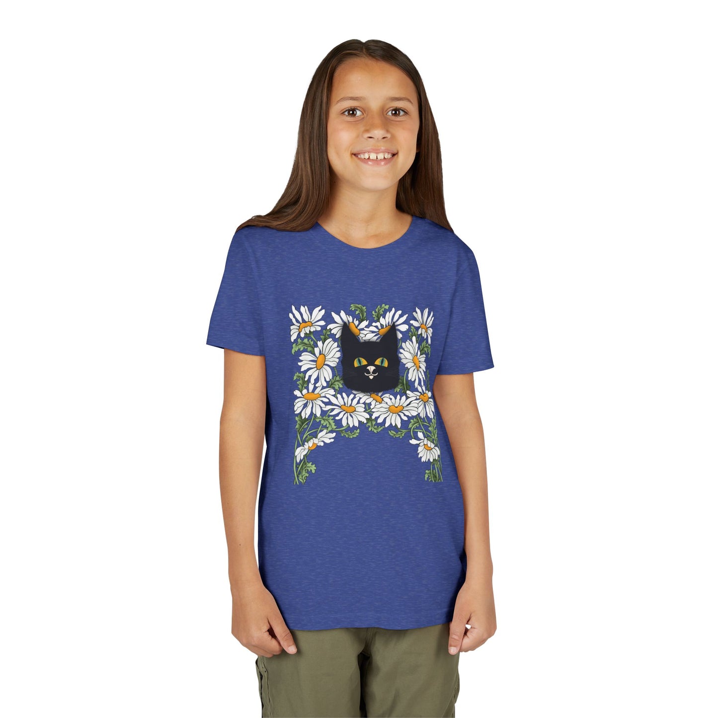 Daisies floral Youth Tee — Black Cat in Daisy Wreath Graphic