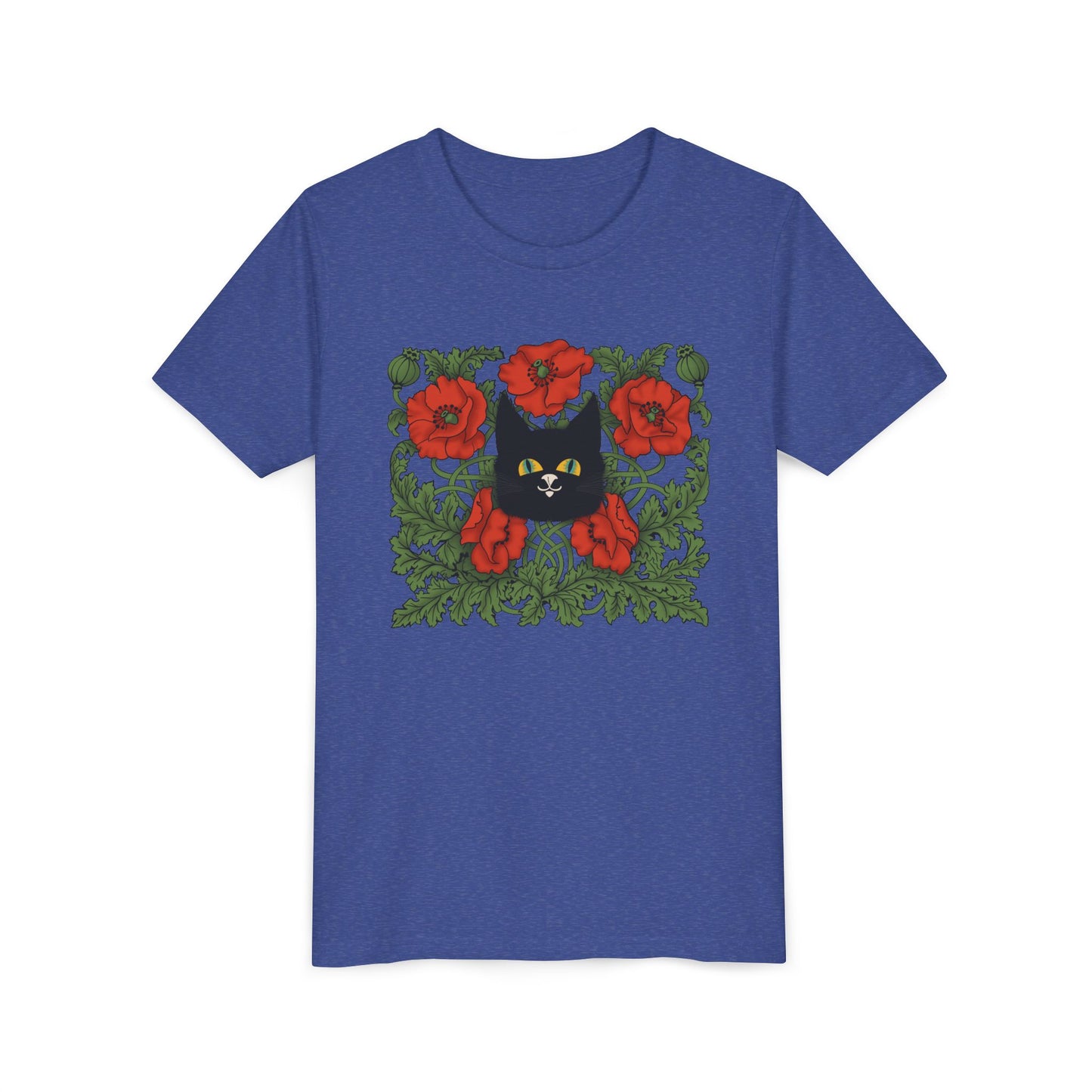 Black Cat Poppies Floral Youth Tee — Black Cat with Red Poppies Kids Shirt