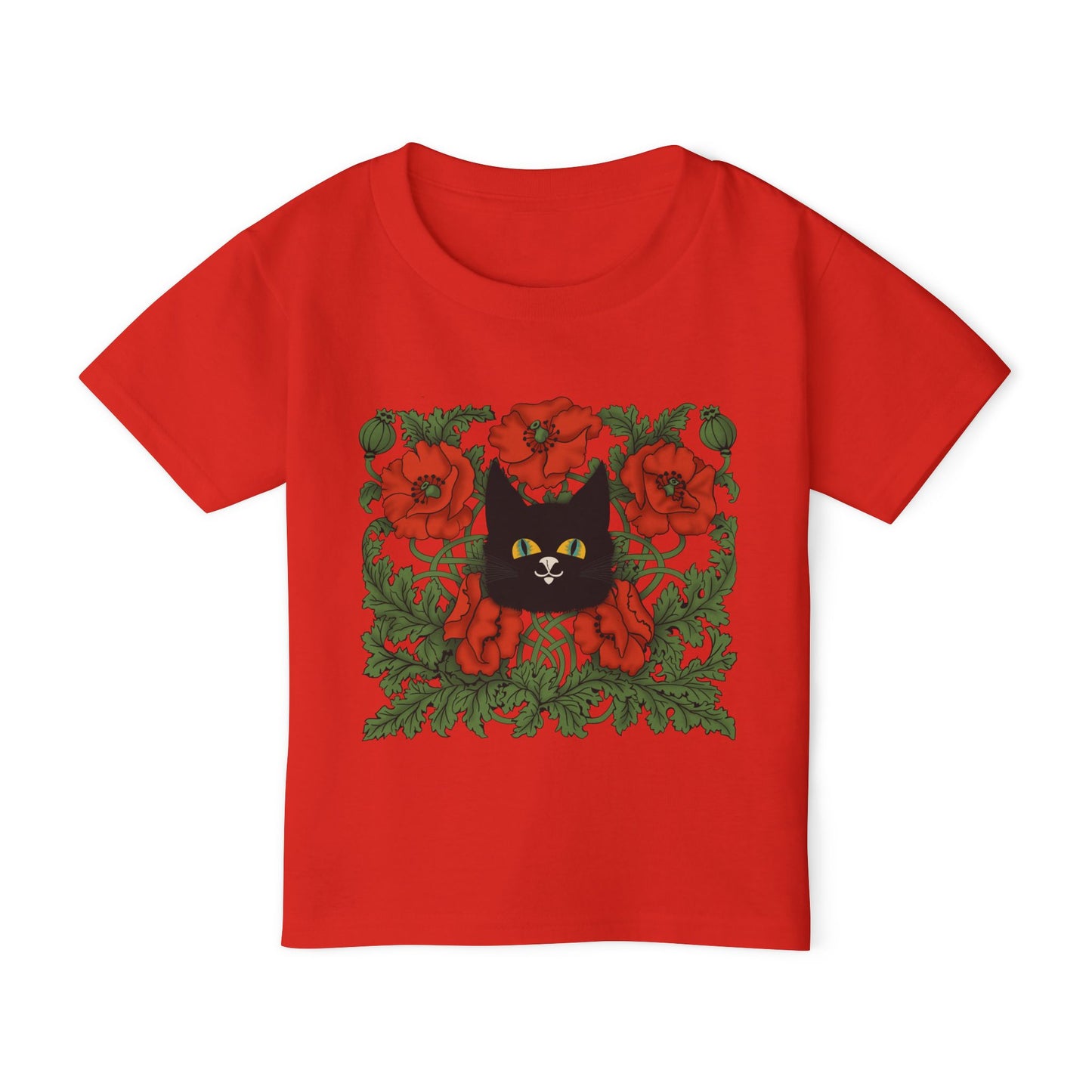 Poppies Black Cat Toddler T-Shirt — Black Cat in Poppy Garden (Cute Floral Kids Tee)
