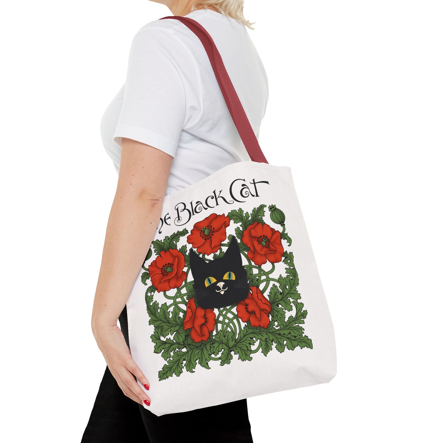 The Black Cat Poppies Tote Bag — Vintage Floral Cat Art Tote
