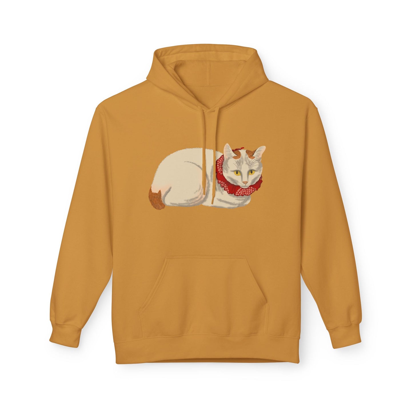 Cozy Red-Scarf Cat Hoodie — Cute Cream Cat Graphic Pullover