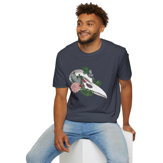 Bohemian Skull Floral T-Shirt, Unisex Softstyle Tee, Casual Wear, Nature Lover Gift, Unique Graphic Tee, Eco-Friendly Shirt