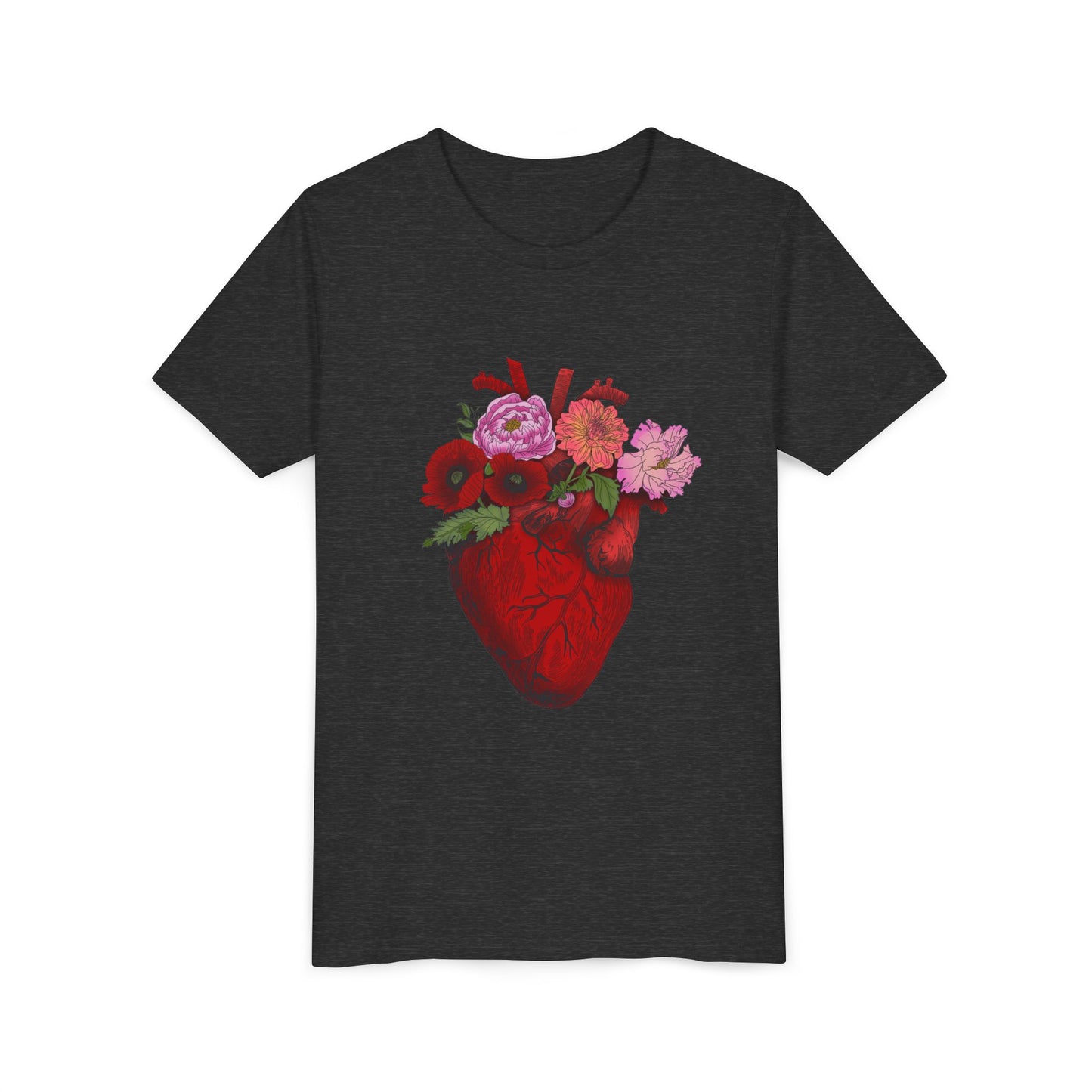 Floral Heart Youth Tee — Floral Anatomical Heart Graphic Kids T-Shirt