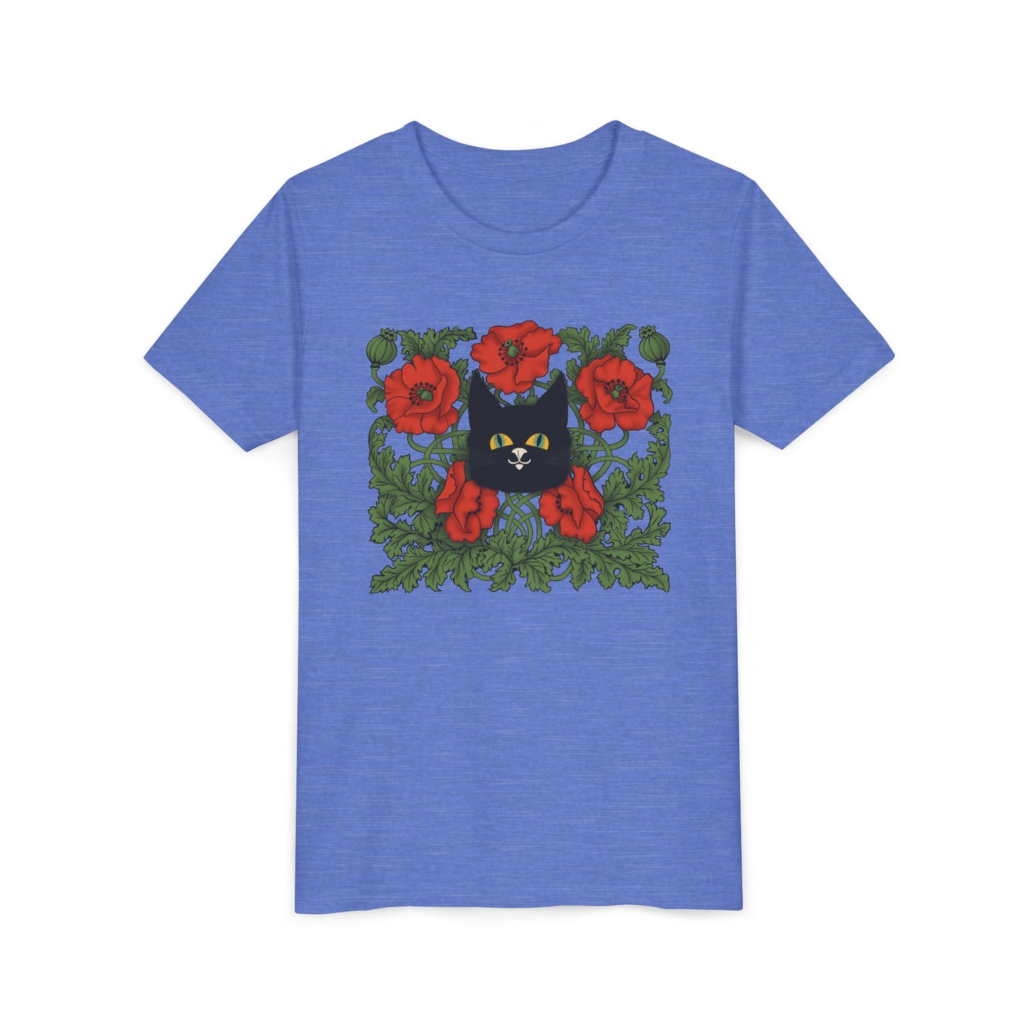 Black Cat Poppies Floral Youth Tee — Black Cat with Red Poppies Kids Shirt