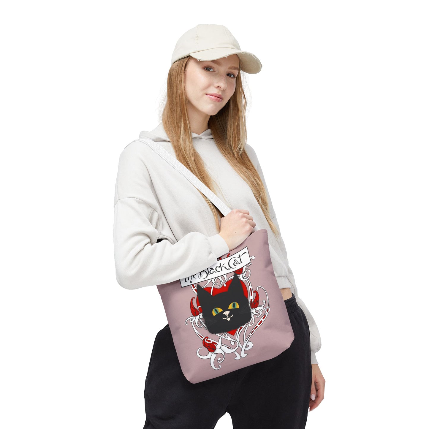 Black Cat Heart Tote Bag — 'The Black Cat' Gothic Vintage Cat Illustration Beach & Market Bag