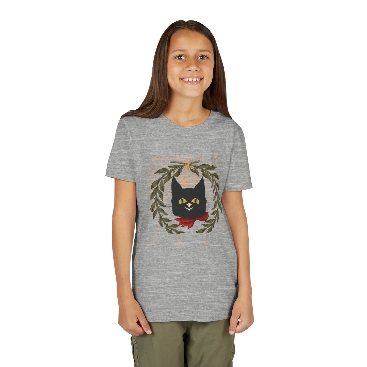Youth Tee — Black Cat Wreath Holiday Shirt