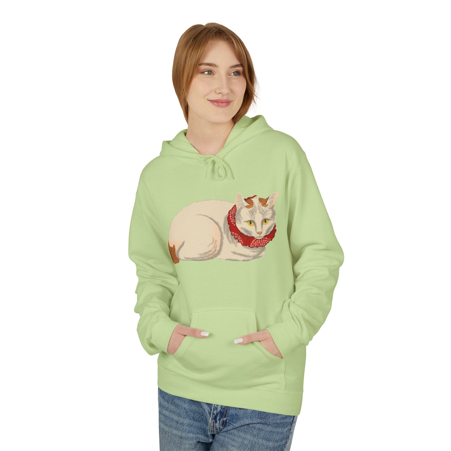Cozy Red-Scarf Cat Hoodie — Cute Cream Cat Graphic Pullover