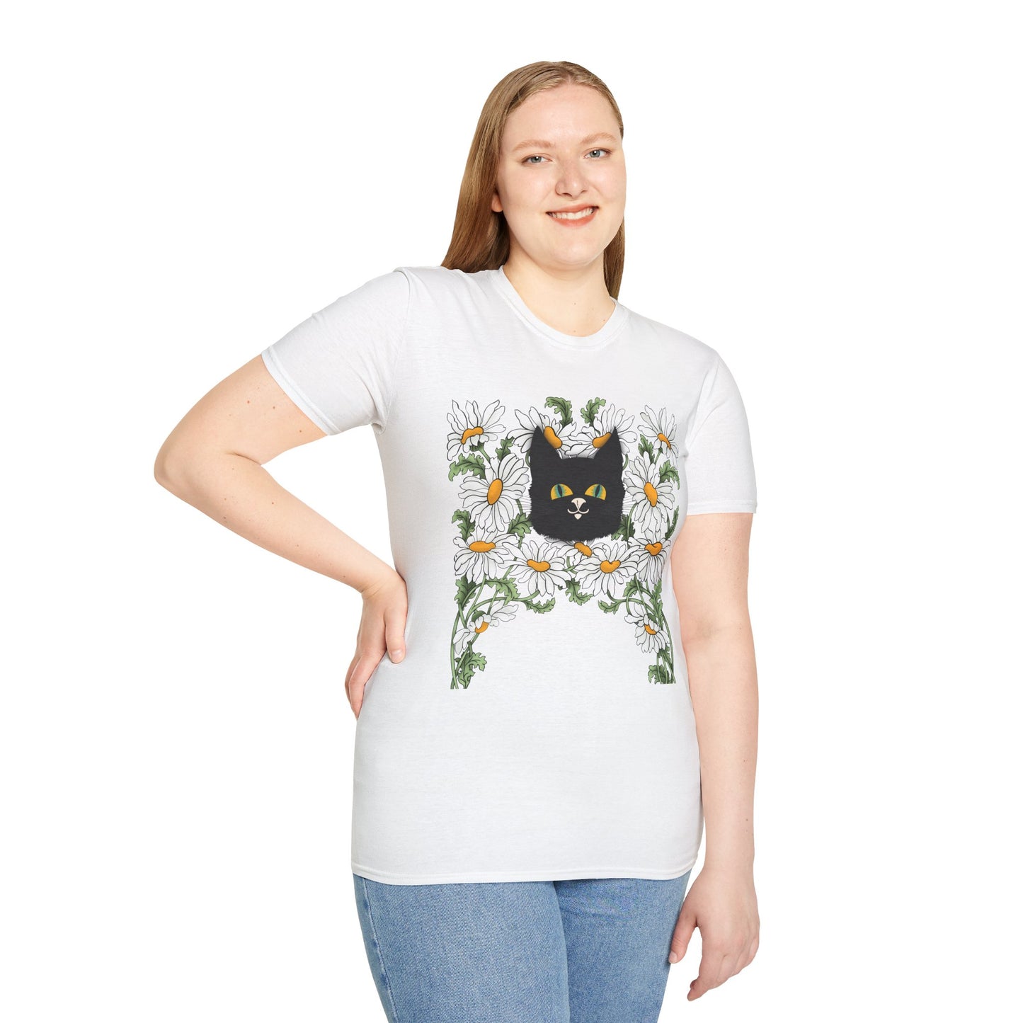 Black Cat & Daisies T‑Shirt — Cute Floral Cat Tee for Cat Lovers