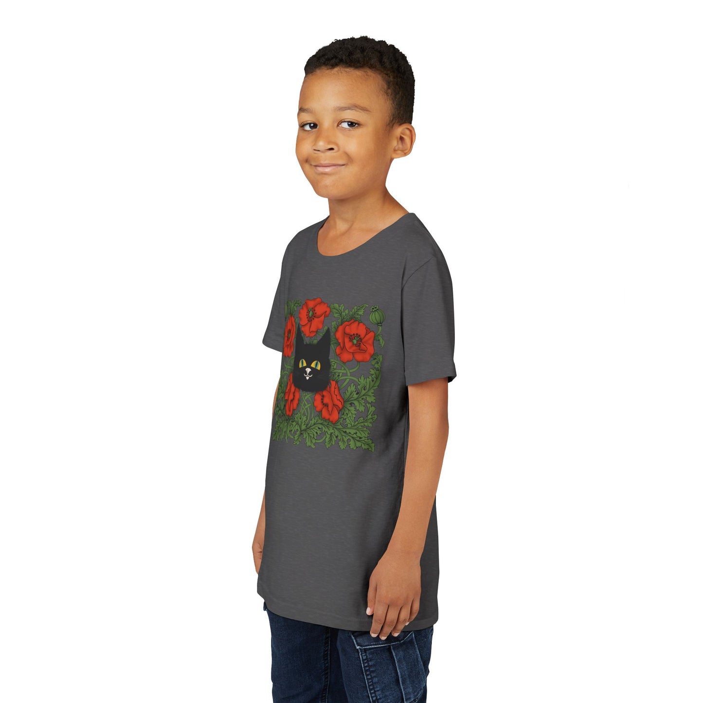 Black Cat Poppies Floral Youth Tee — Black Cat with Red Poppies Kids Shirt