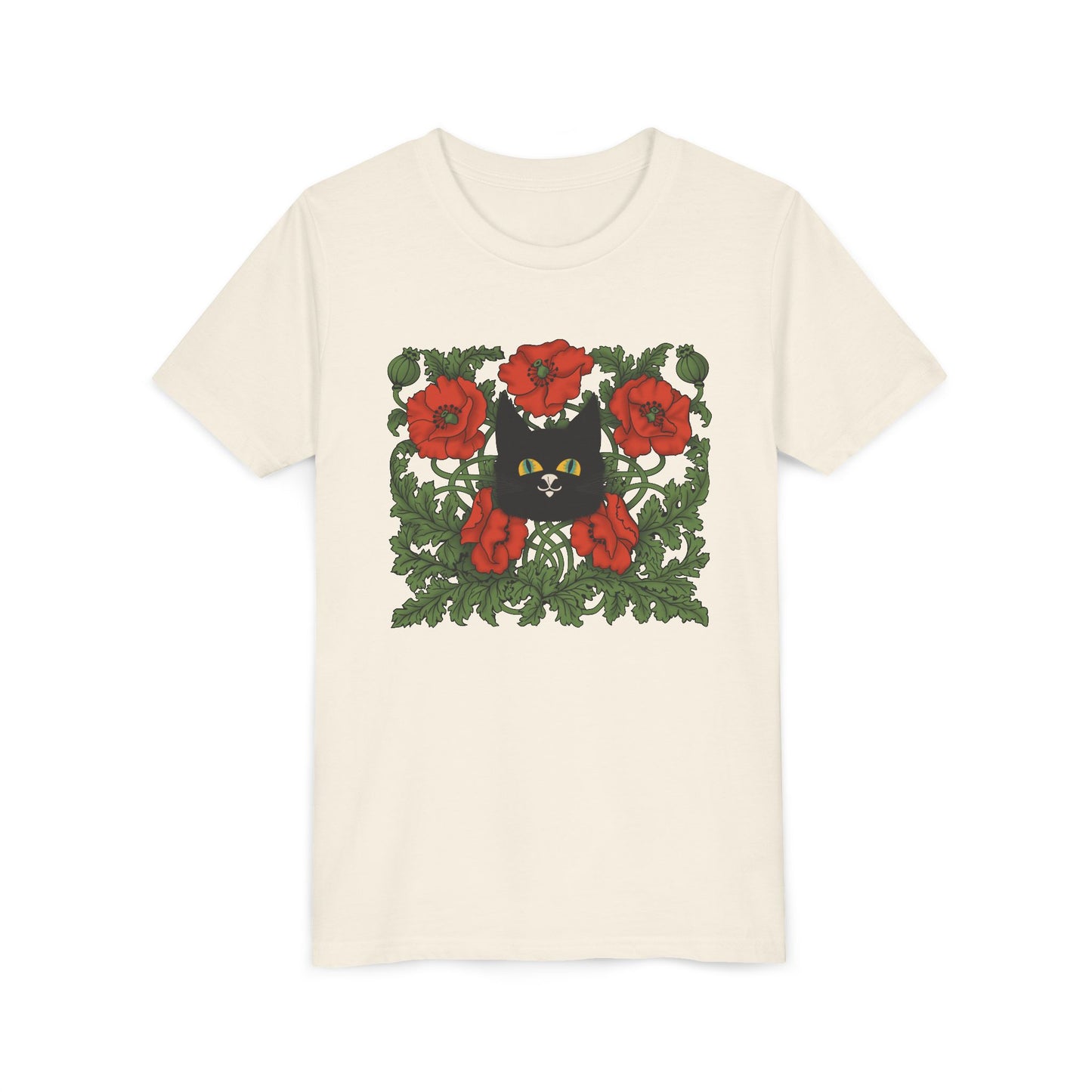 Black Cat Poppies Floral Youth Tee — Black Cat with Red Poppies Kids Shirt