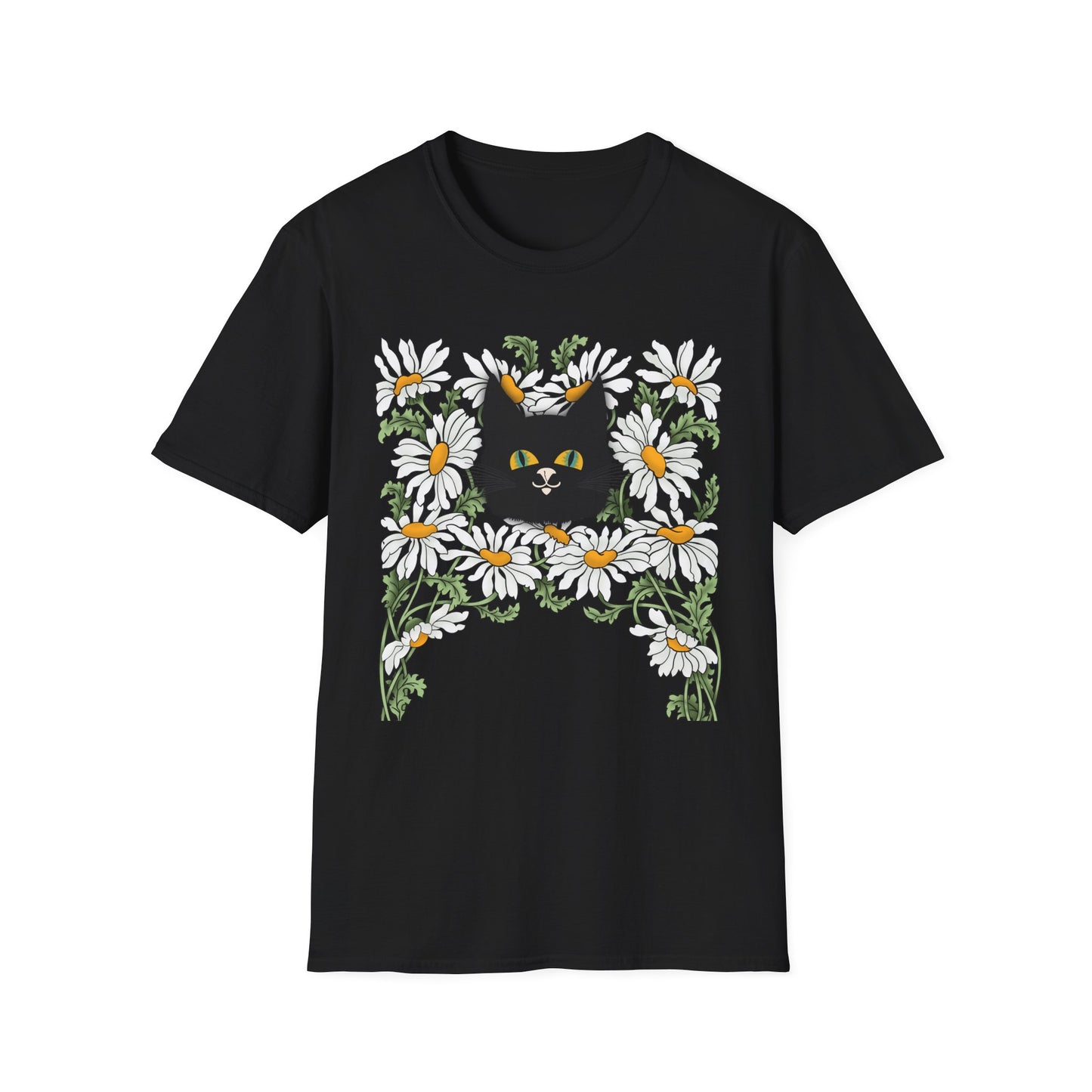 Black Cat & Daisies T‑Shirt — Cute Floral Cat Tee for Cat Lovers