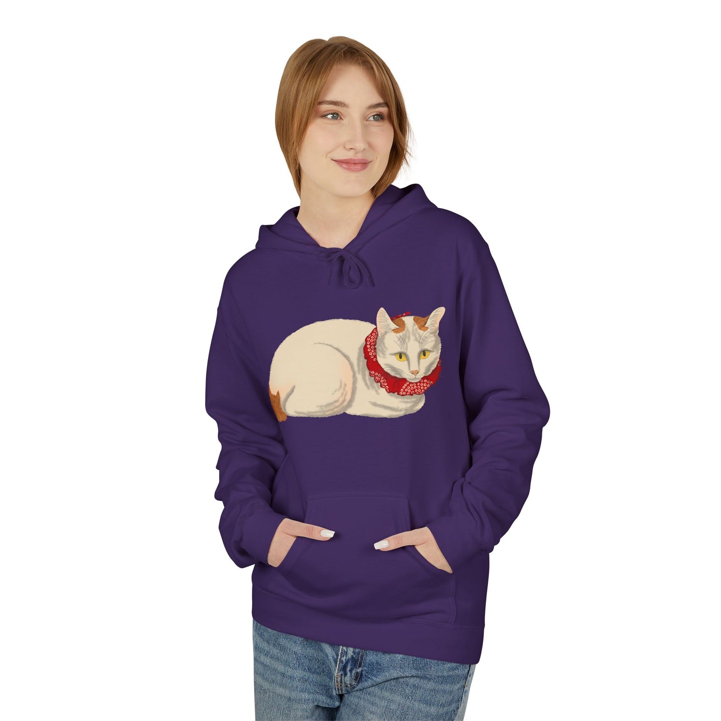 Cozy Red-Scarf Cat Hoodie — Cute Cream Cat Graphic Pullover