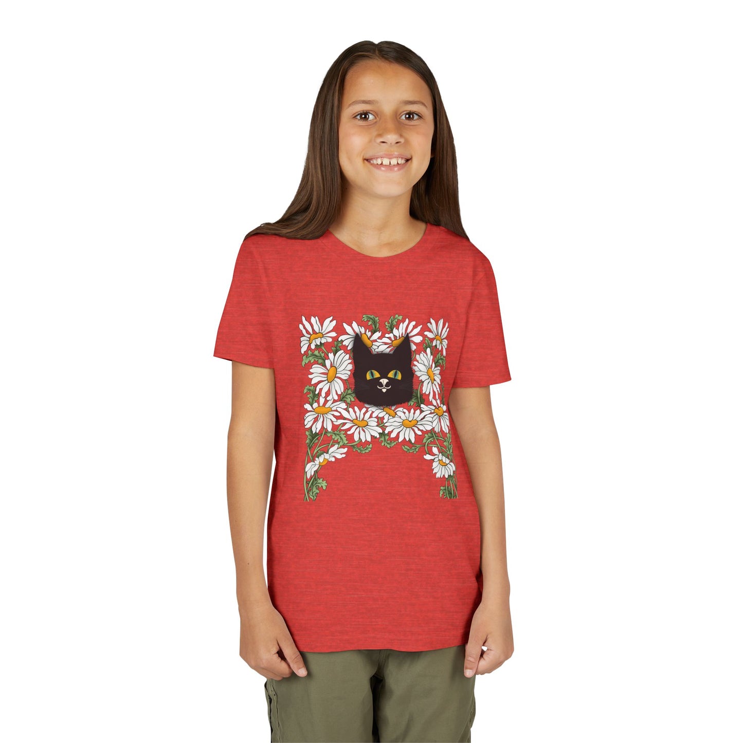 Daisies floral Youth Tee — Black Cat in Daisy Wreath Graphic