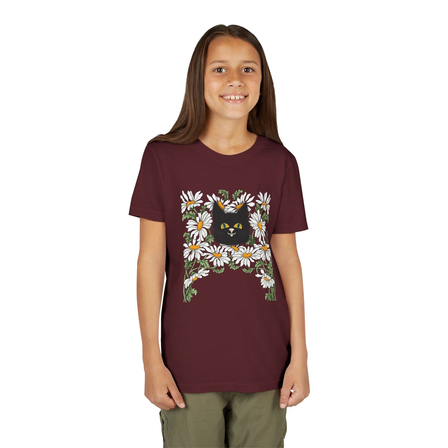 Daisies floral Youth Tee — Black Cat in Daisy Wreath Graphic