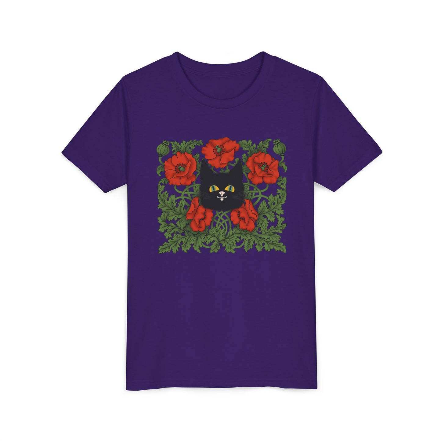 Black Cat Poppies Floral Youth Tee — Black Cat with Red Poppies Kids Shirt