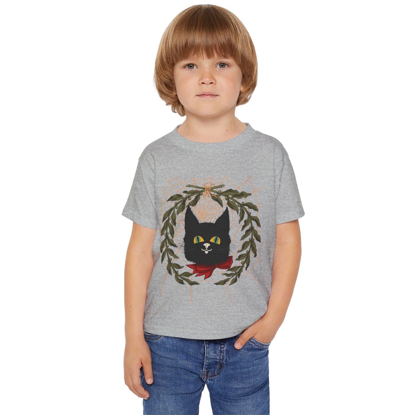 Toddler T‑Shirt — Black Cat Wreath with Web Tee (Cute Halloween)