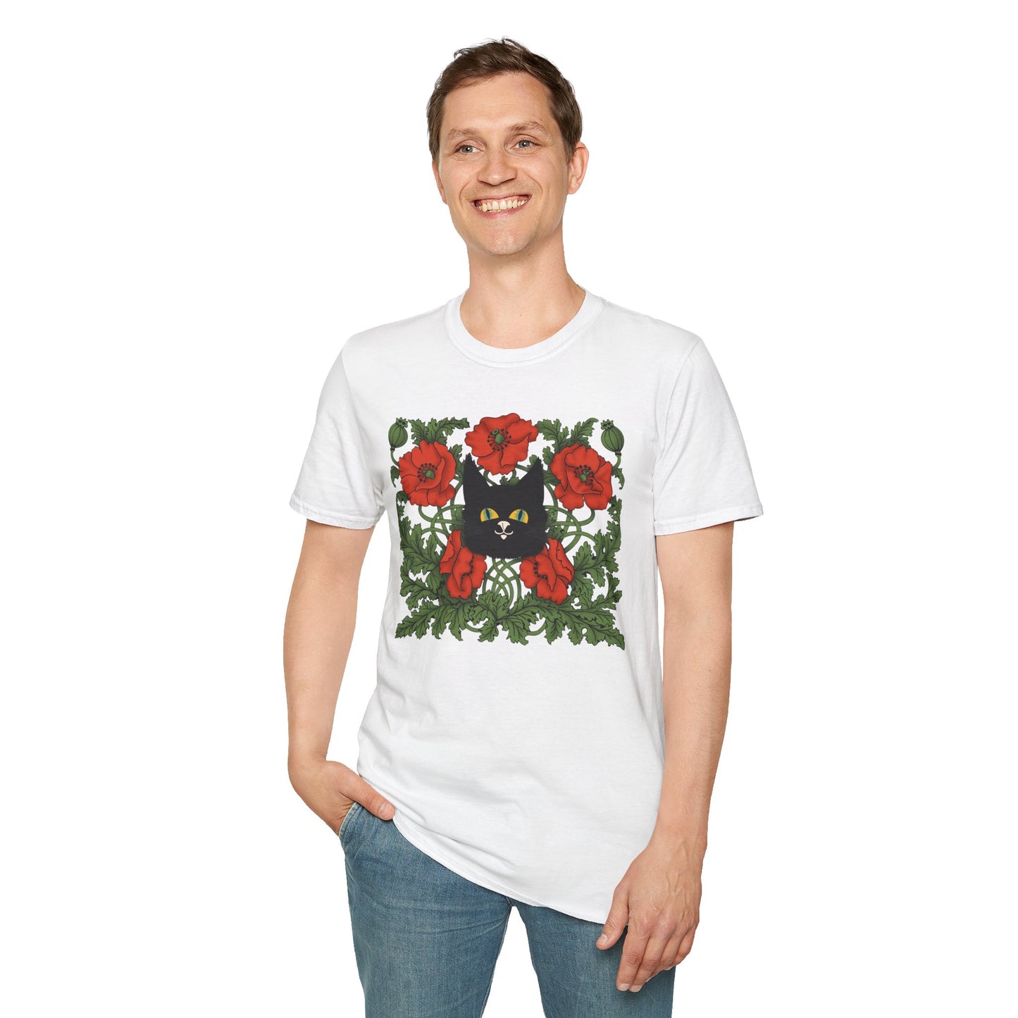 Black Cat & Red Poppies T-Shirt