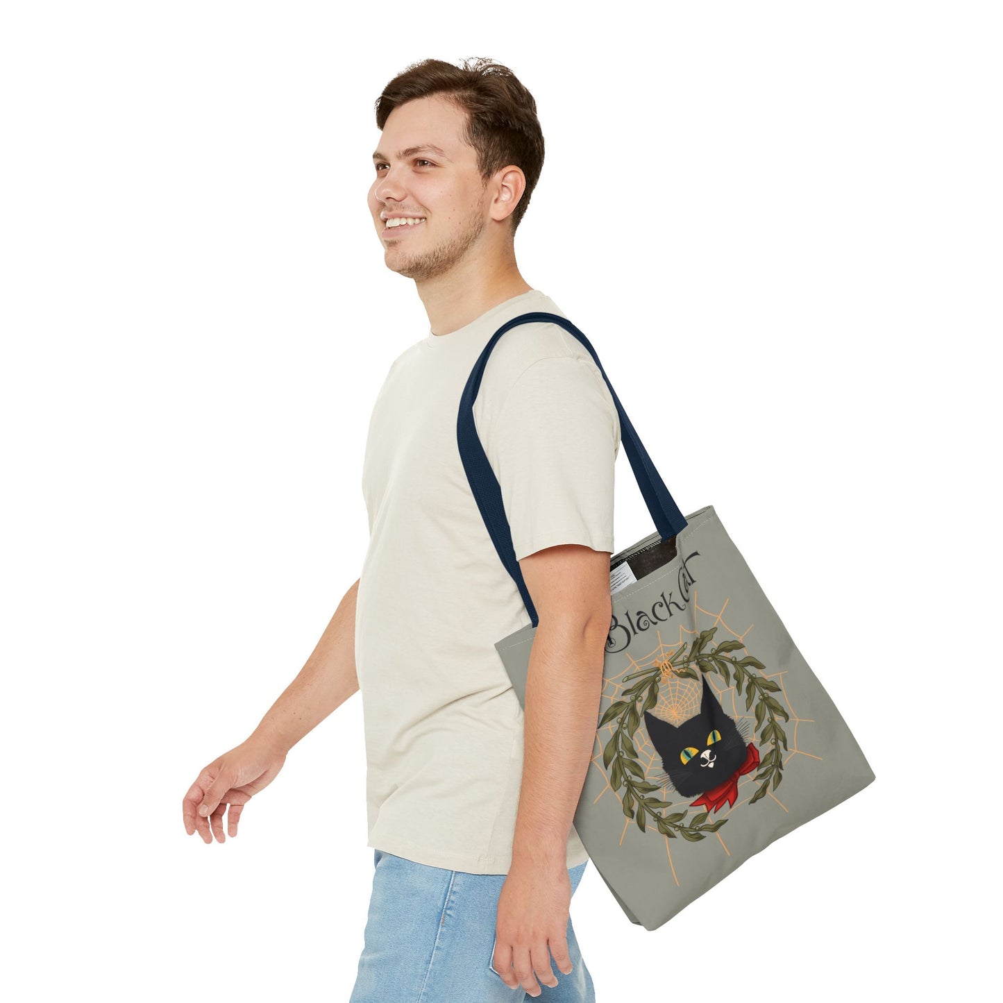 The Black Cat Web Tote Bag — Vintage Witchy Cat Holiday Grocery Tote