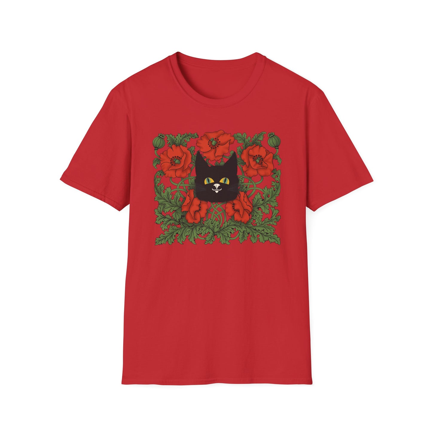 Black Cat & Red Poppies T-Shirt