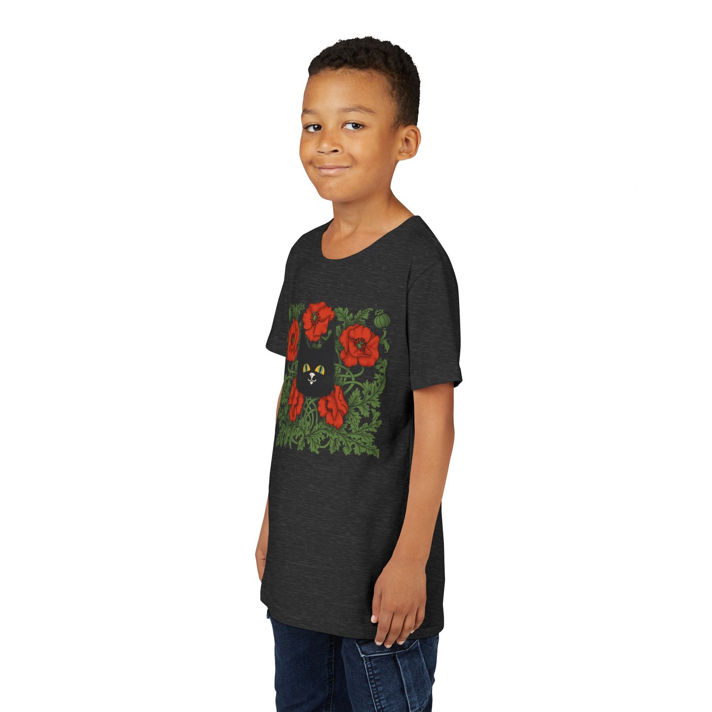 Black Cat Poppies Floral Youth Tee — Black Cat with Red Poppies Kids Shirt