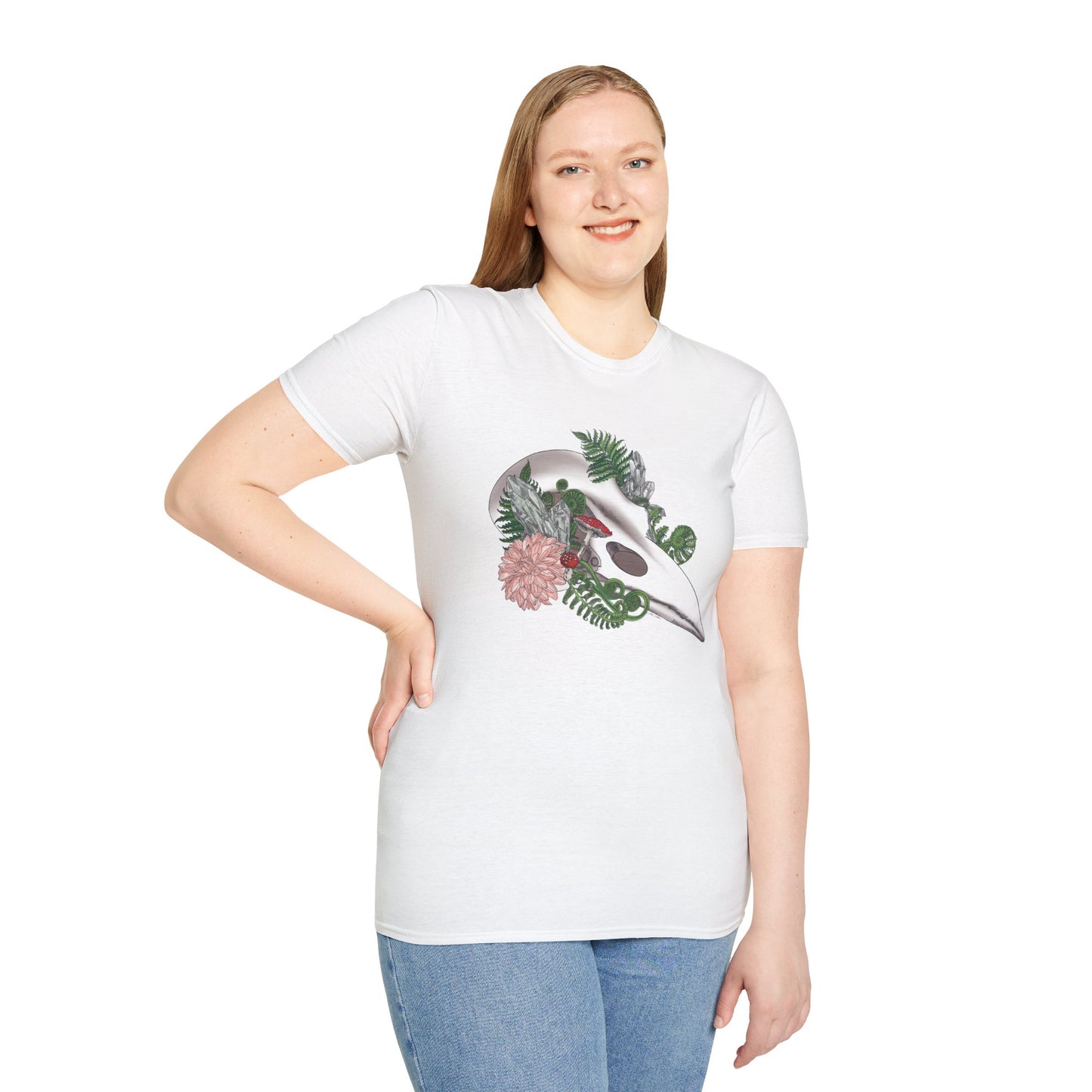Bohemian Skull Floral T-Shirt, Unisex Softstyle Tee, Casual Wear, Nature Lover Gift, Unique Graphic Tee, Eco-Friendly Shirt