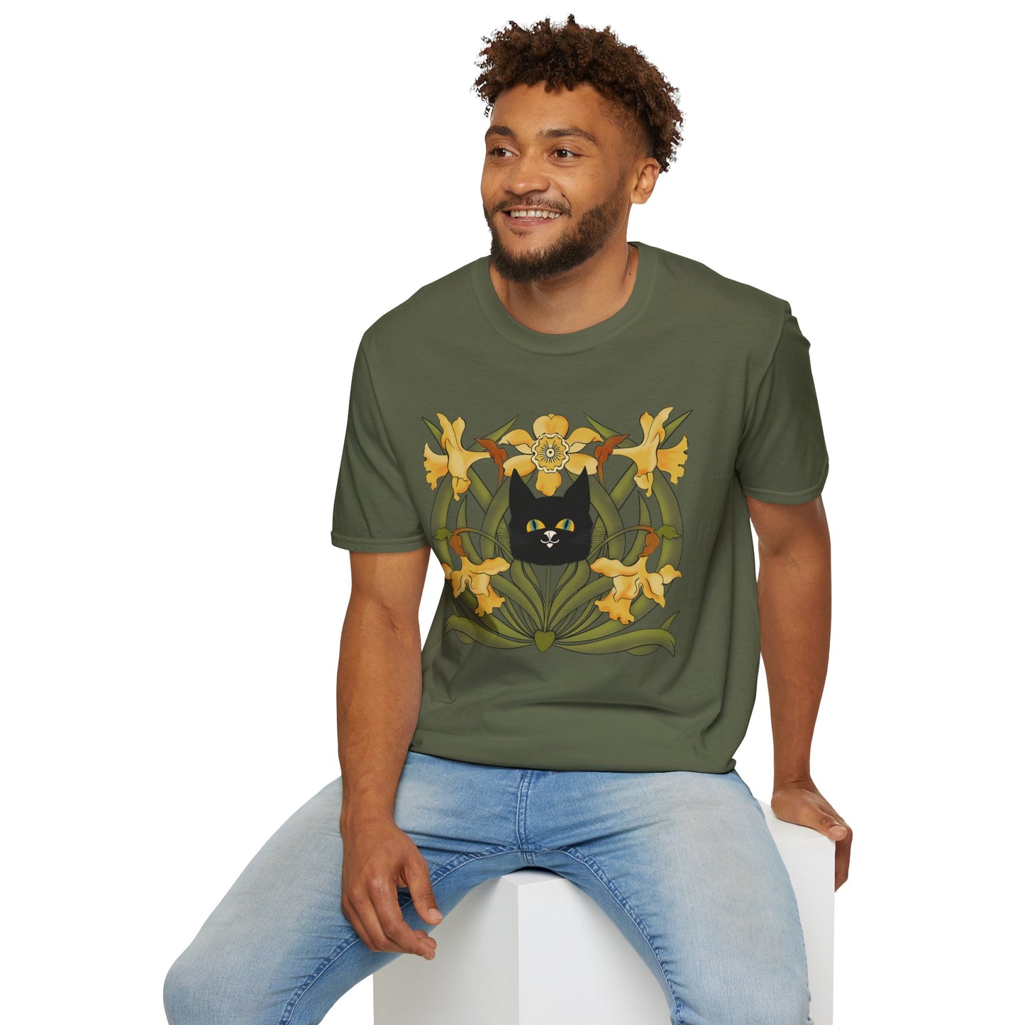 Daffodil Black Cat T‑Shirt — Retro Floral Cat Tee
