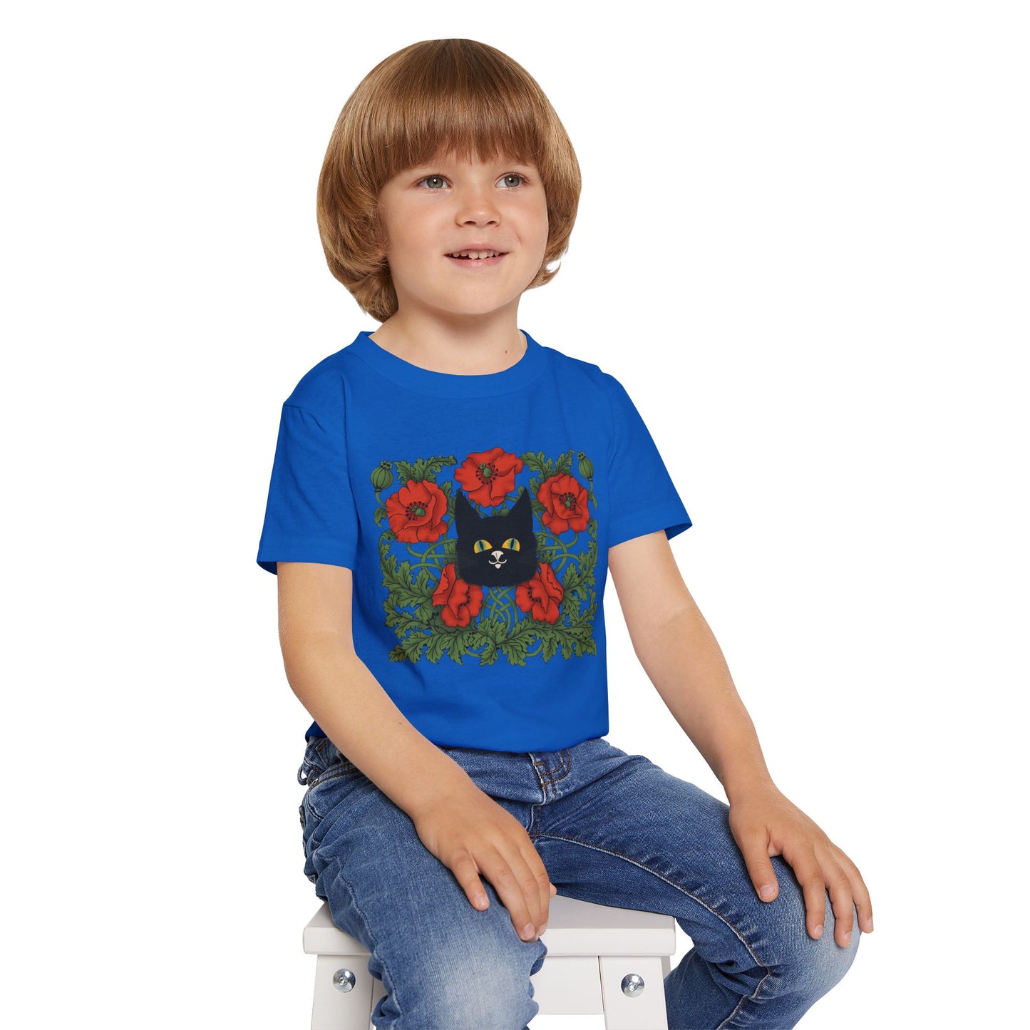 Poppies Black Cat Toddler T-Shirt — Black Cat in Poppy Garden (Cute Floral Kids Tee)