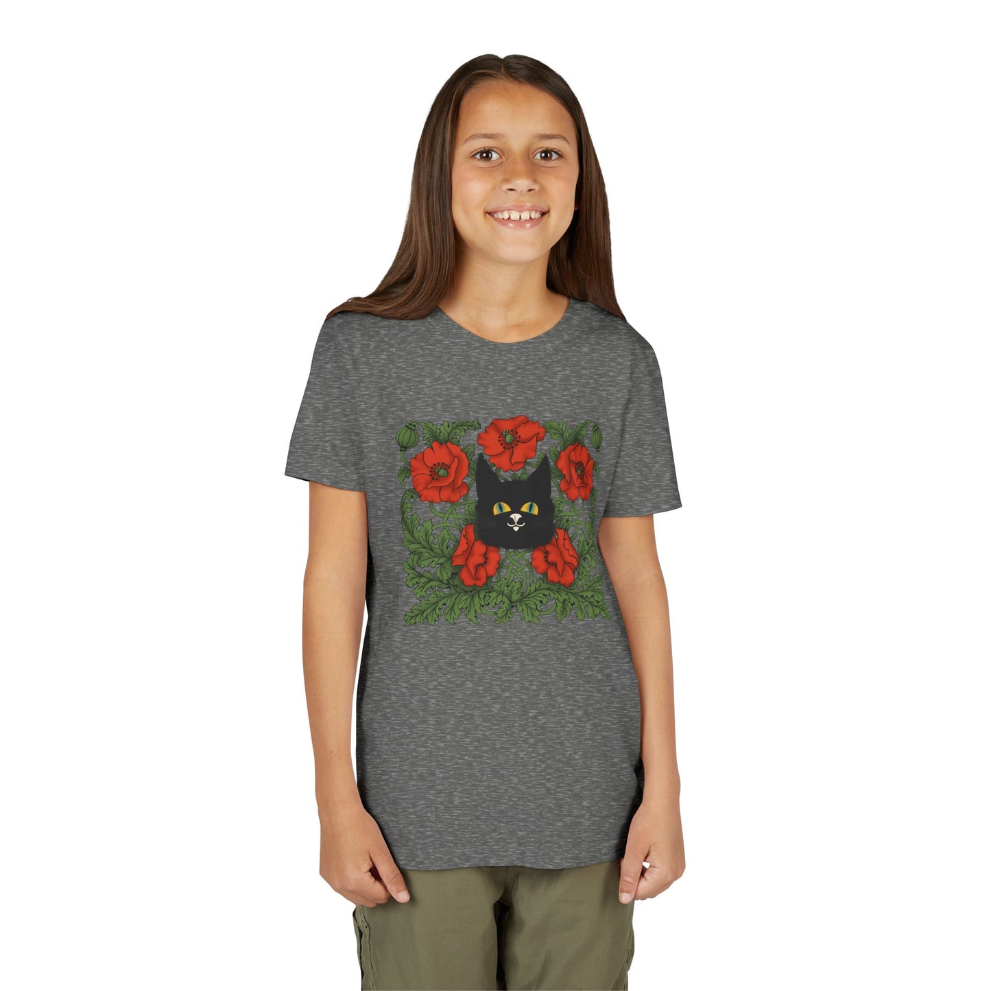 Black Cat Poppies Floral Youth Tee — Black Cat with Red Poppies Kids Shirt