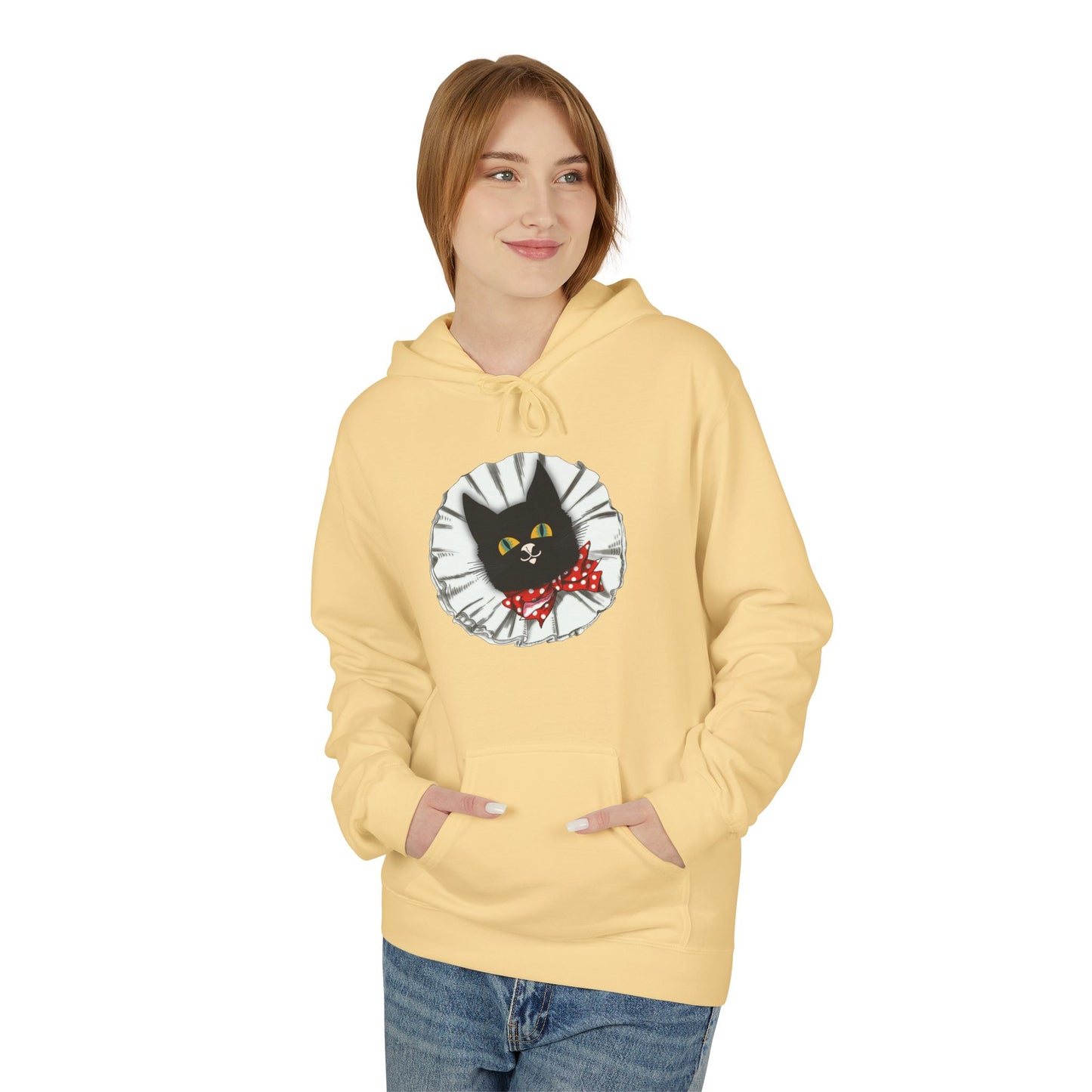 Black Cat Clown Hoodie — Cute Black Cat with Red Bow Music Lover Pullover