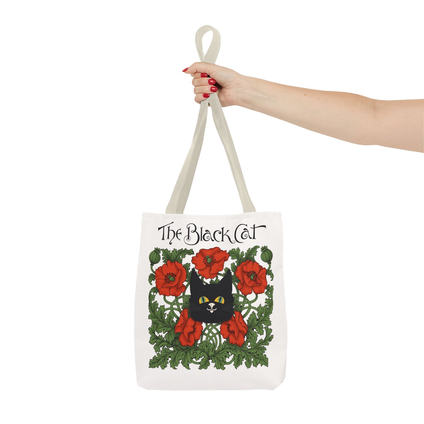 The Black Cat Poppies Tote Bag — Vintage Floral Cat Art Tote