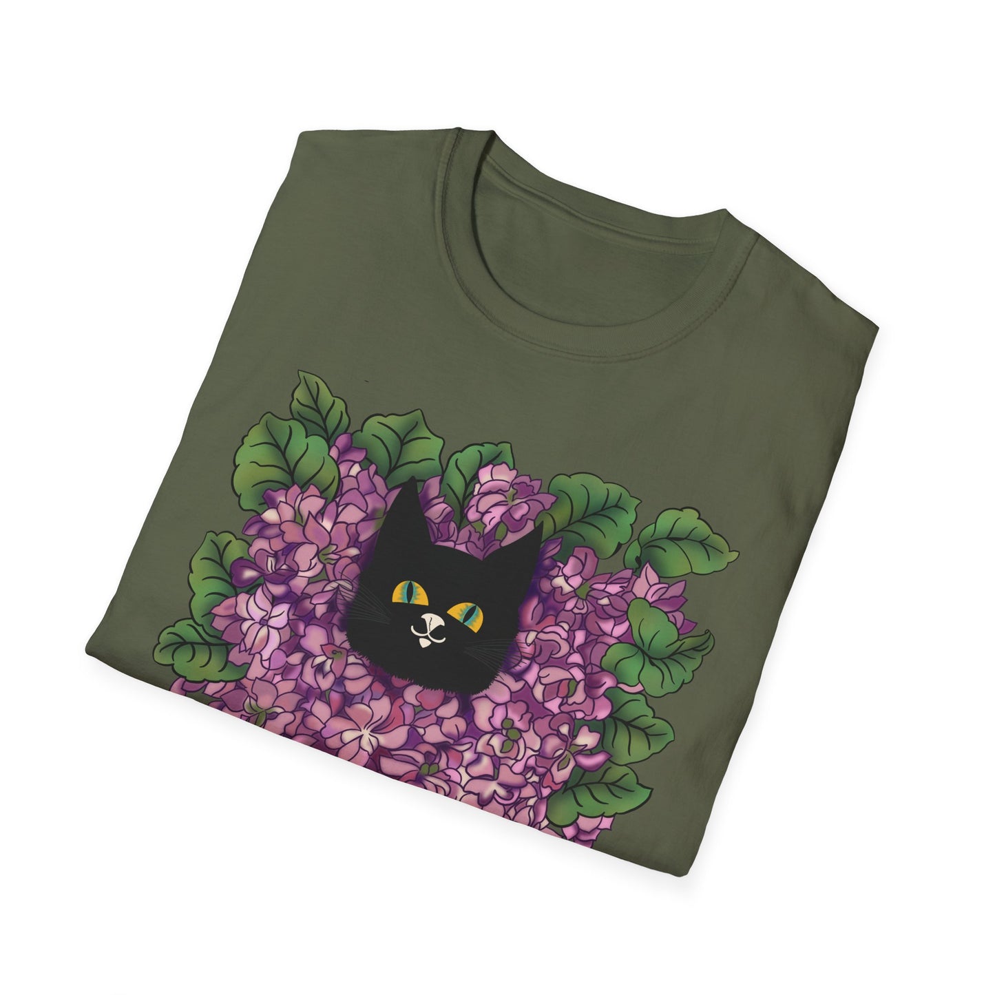 Lilac Cat T-Shirt — Black Cat Nestled in Lilac Flowers